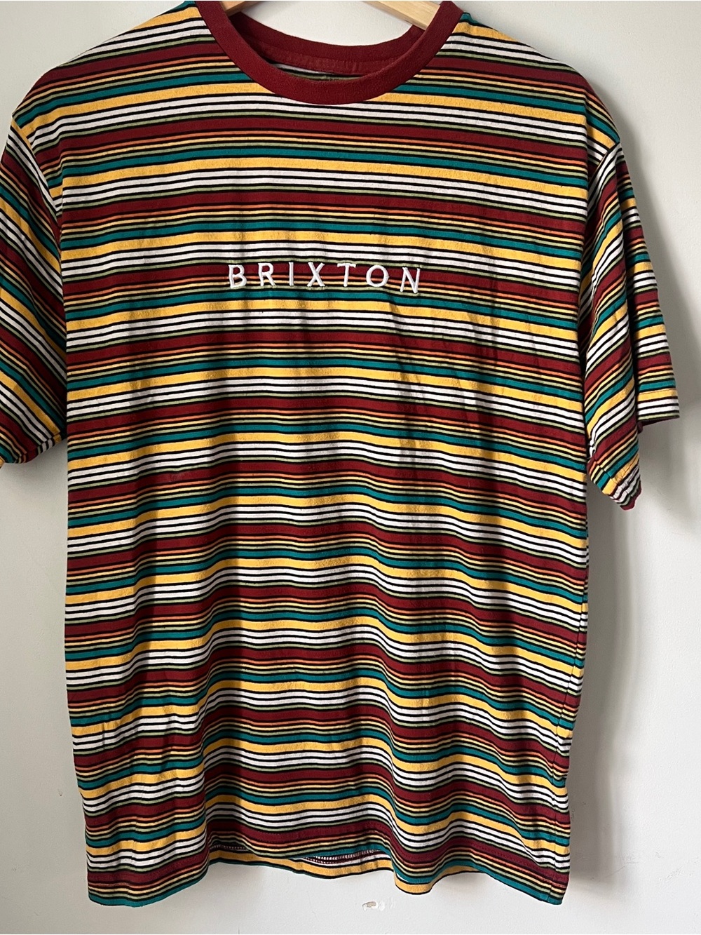 Brixton Multistripe Crew Tee in Maroon, Teal & Yellow